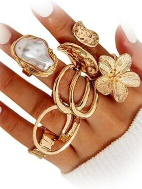 NEW 6 pc Y2k Statement Flower Stackable Rings Chunky Gold Baroque Pearl Fashion